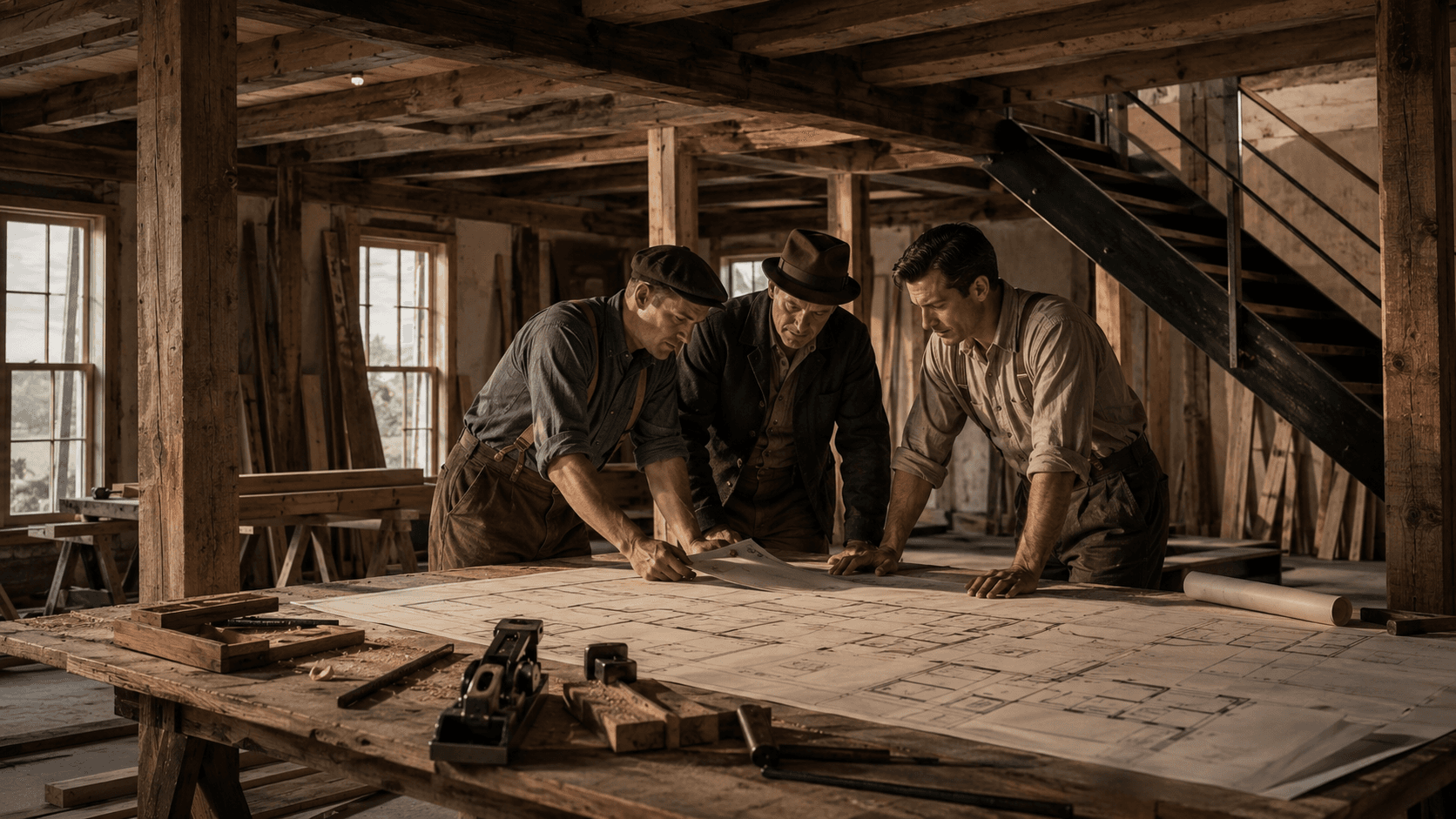 Three builders reviewing blueprints in a timber-framed workshop