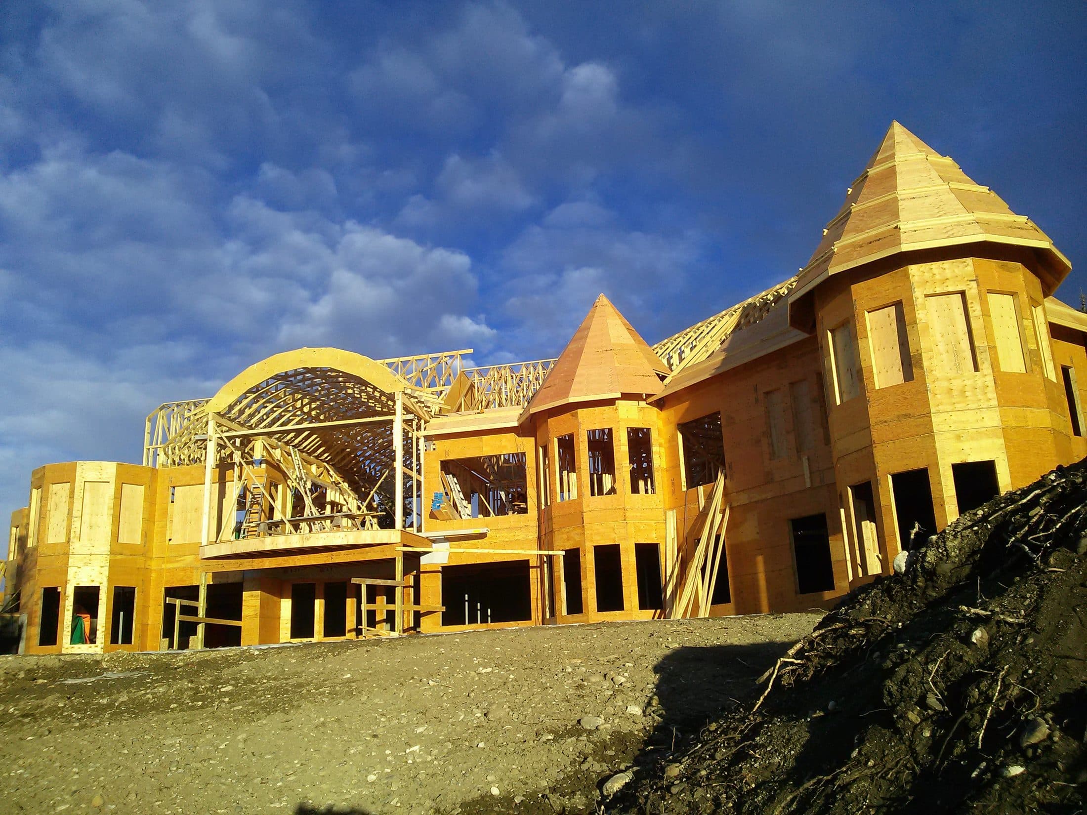 Large custom home under frame with turret and barrel-vault roof sections