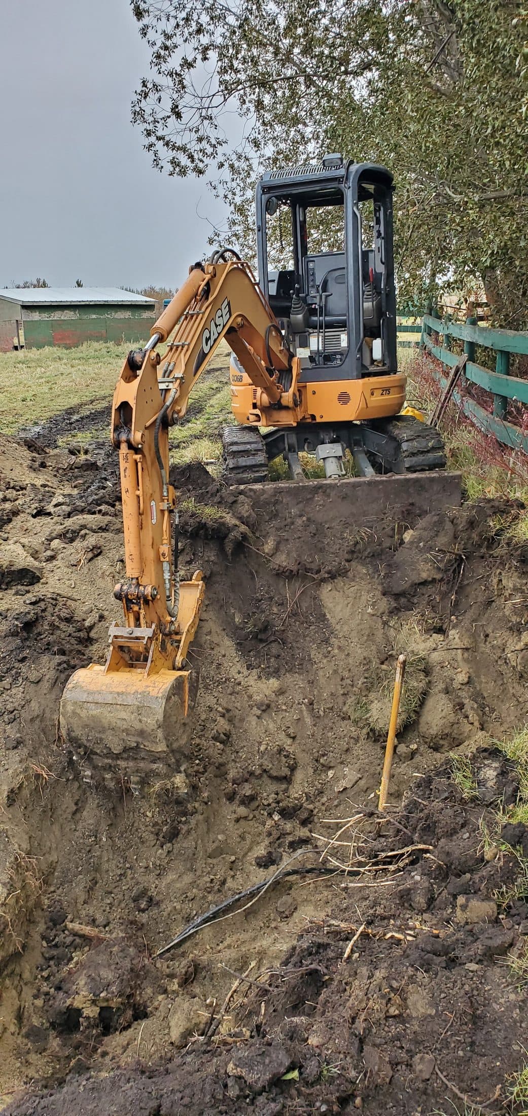 Mini excavator digging a trench along a fence line